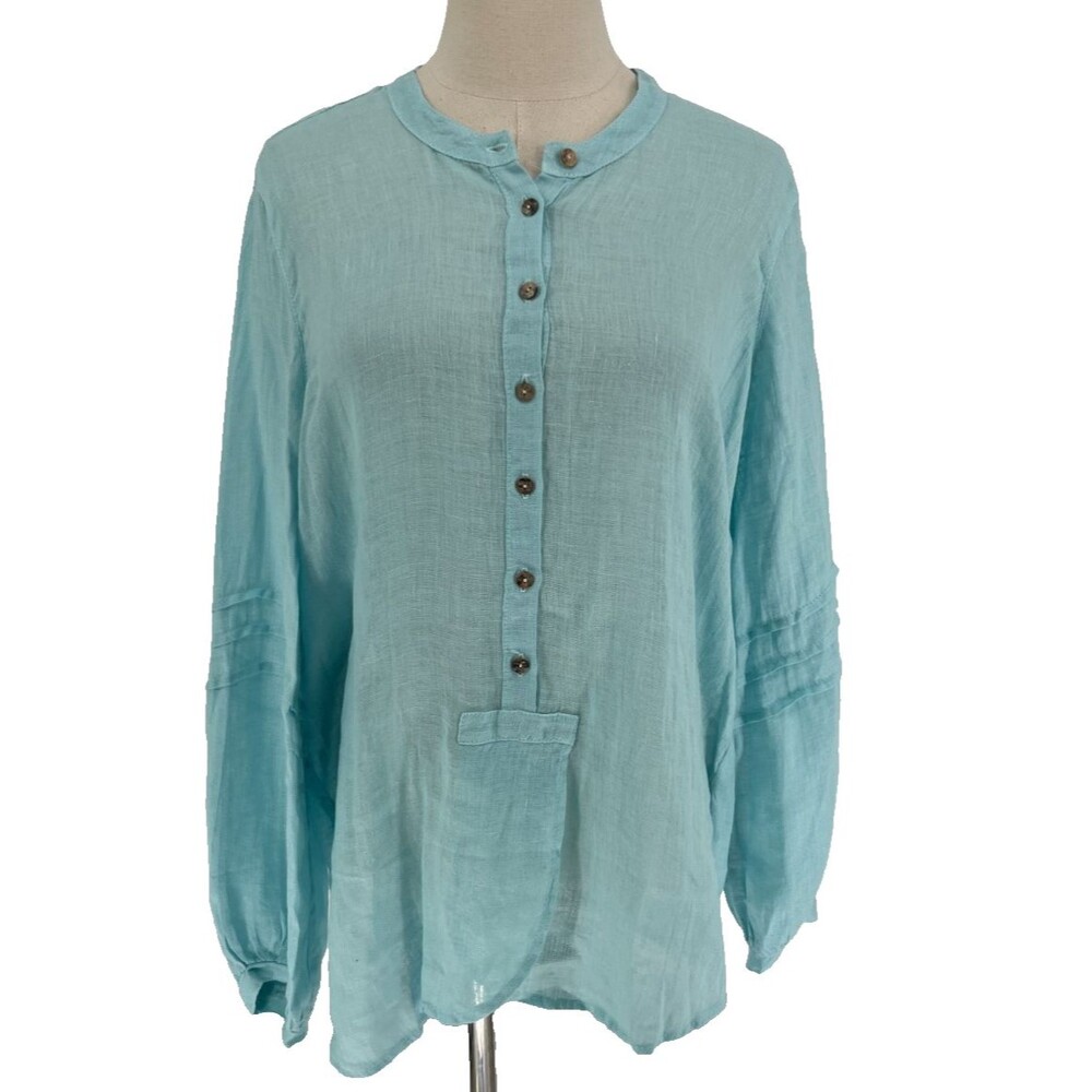 CMC Click Linen Top Women's Size Small Aqua Blue Henley Lagenlook Coastal